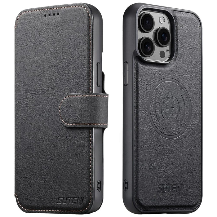 SUTENI Q-05 For iPhone 15 Pro Max Case Detachable Wallet Stand Litchi Texture Leather Flip Phone Cover - Black - 1