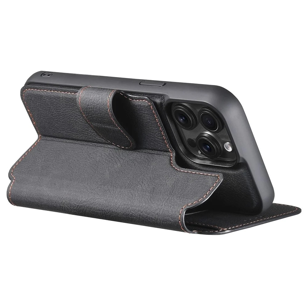 SUTENI Q-05 For iPhone 15 Pro Max Case Detachable Wallet Stand Litchi Texture Leather Flip Phone Cover - Black - 3