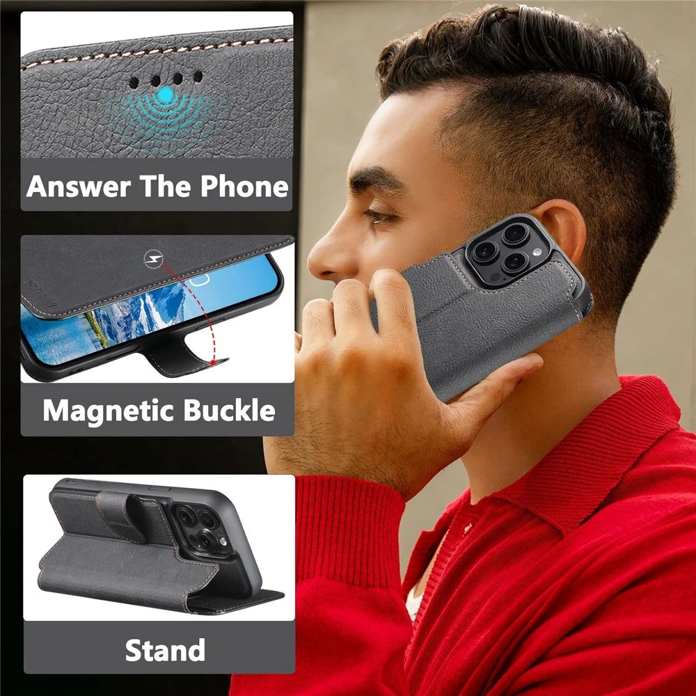 SUTENI Q-05 For iPhone 15 Pro Max Case Detachable Wallet Stand Litchi Texture Leather Flip Phone Cover - Black - 7
