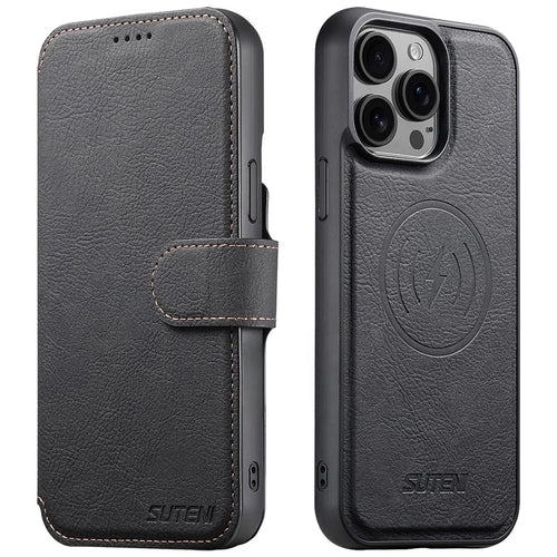 SUTENI Q-05 For iPhone 15 Pro Case Detachable Wallet Stand Litchi Texture Leather Flip Phone Cover - Black - 1