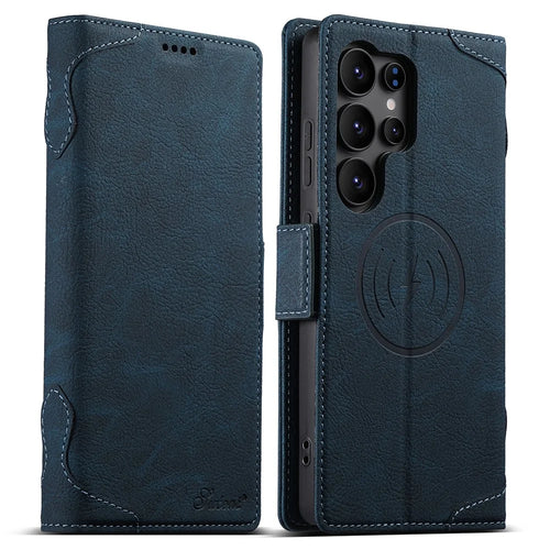 SUTENI J07 For Samsung Galaxy S23 Ultra Magnetic Case Litchi Texture Leather Wallet Phone Cover - Blue - 1