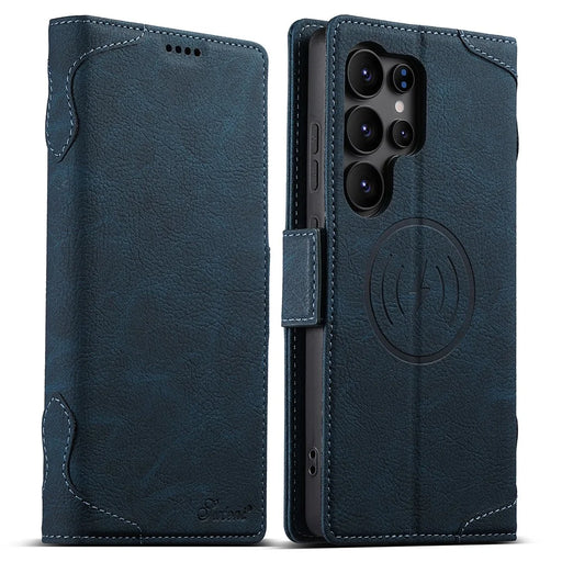 SUTENI J07 For Samsung Galaxy S23 Ultra Magnetic Case Litchi Texture Leather Wallet Phone Cover - Blue - 1