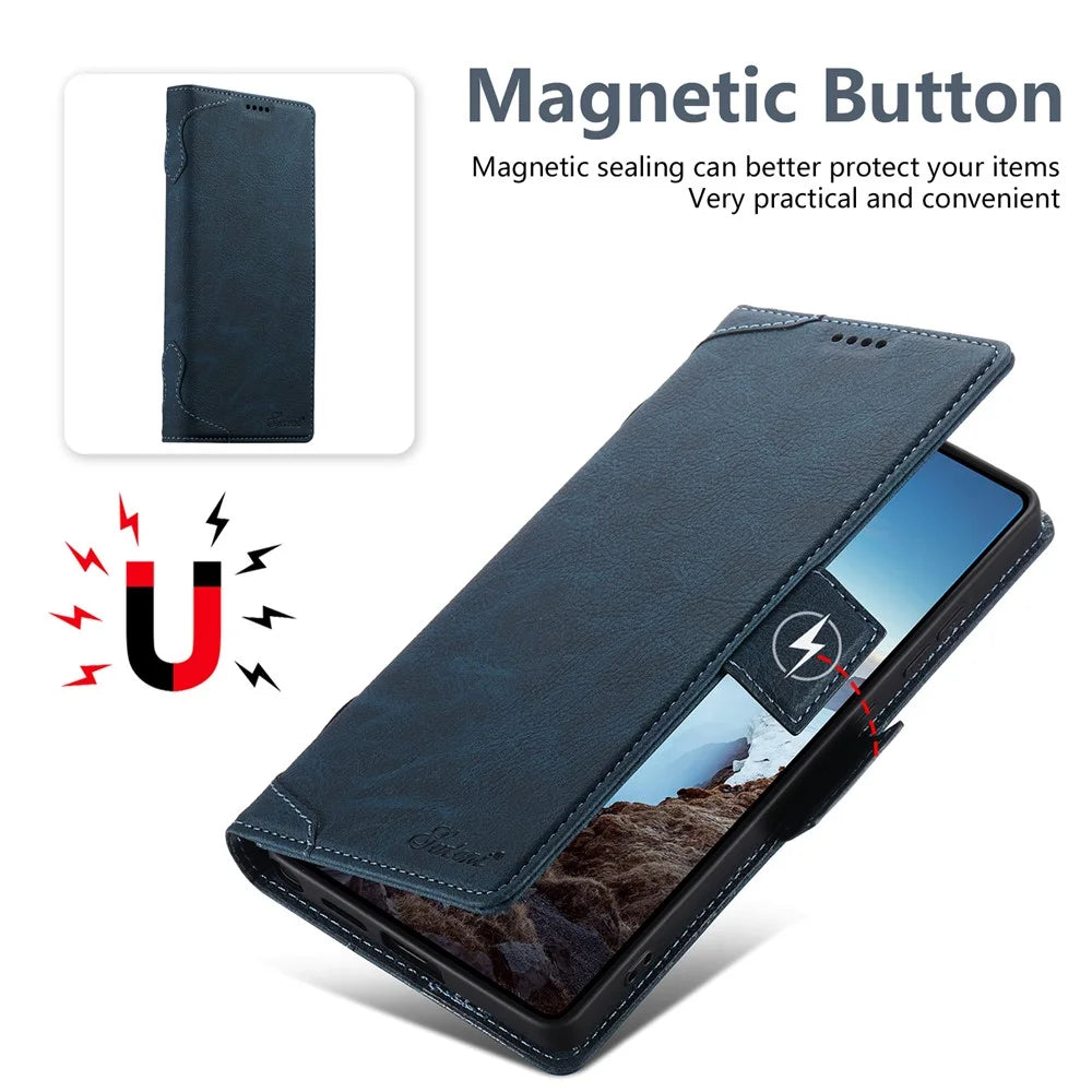 SUTENI J07 For Samsung Galaxy S23 Ultra Magnetic Case Litchi Texture Leather Wallet Phone Cover - Blue - 4