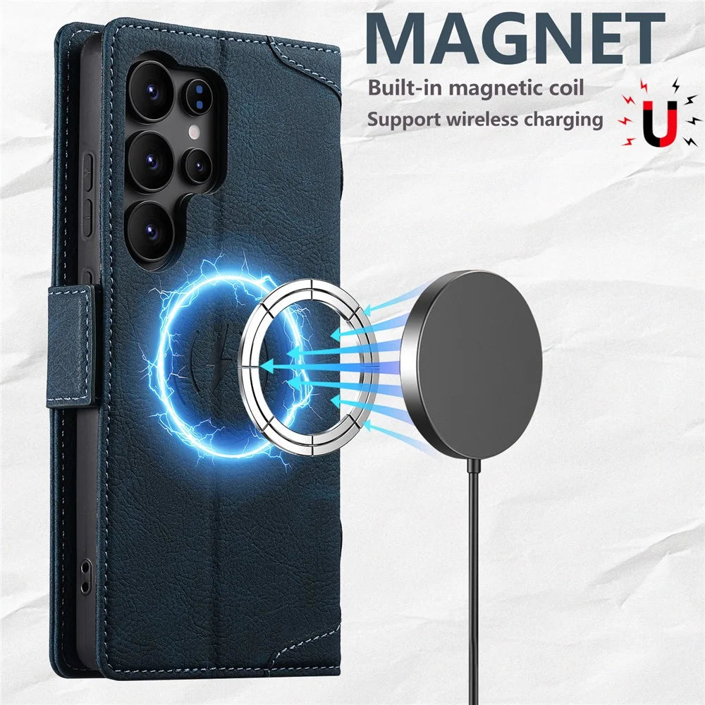 SUTENI J07 For Samsung Galaxy S23 Ultra Magnetic Case Litchi Texture Leather Wallet Phone Cover - Blue - 5