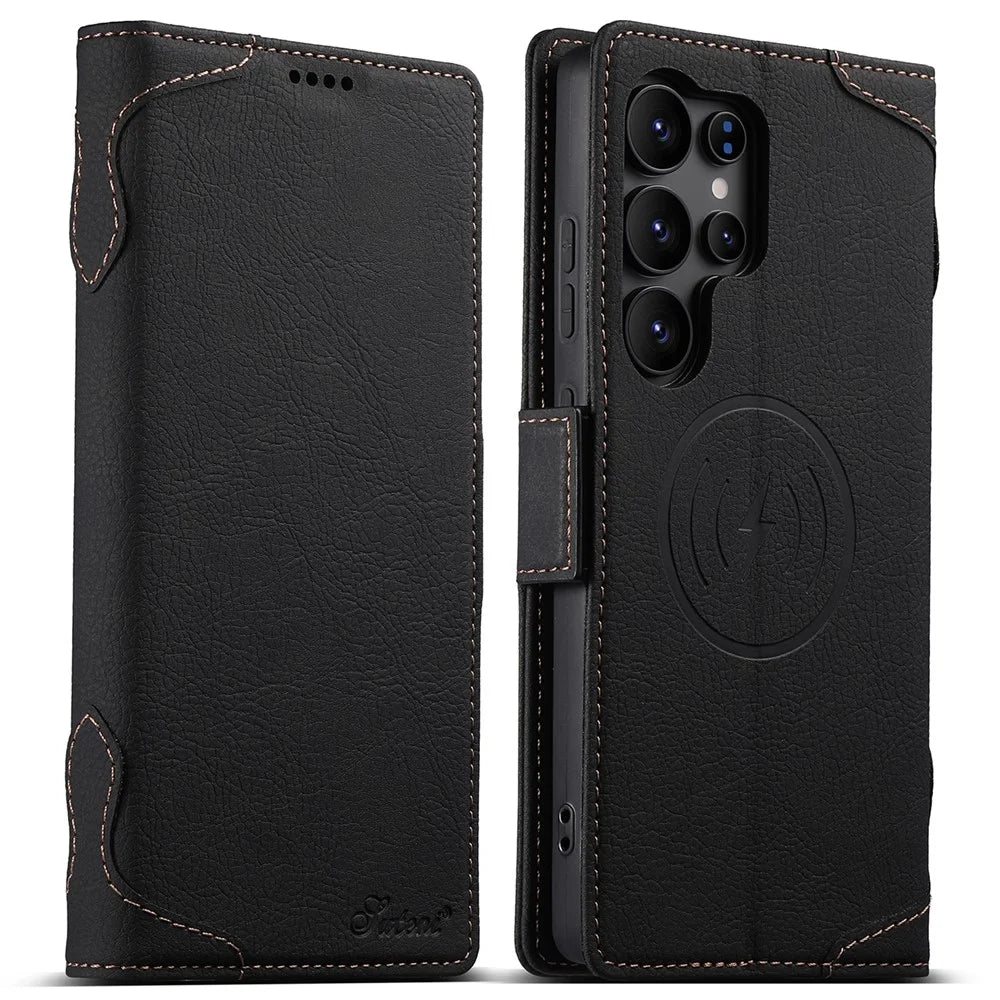 SUTENI J07 For Samsung Galaxy S24 Ultra Magnetic Case Litchi Texture Leather Wallet Phone Cover - Black - 1
