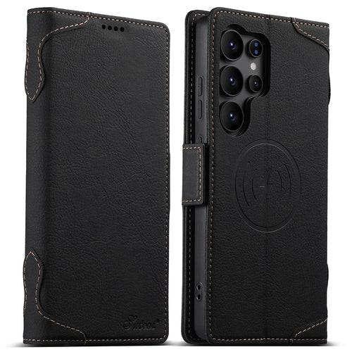SUTENI J07 For Samsung Galaxy S24 Ultra Magnetic Case Litchi Texture Leather Wallet Phone Cover - Black - 1