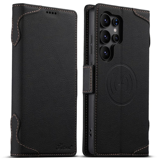 SUTENI J07 For Samsung Galaxy S24 Ultra Magnetic Case Litchi Texture Leather Wallet Phone Cover - Black - 1