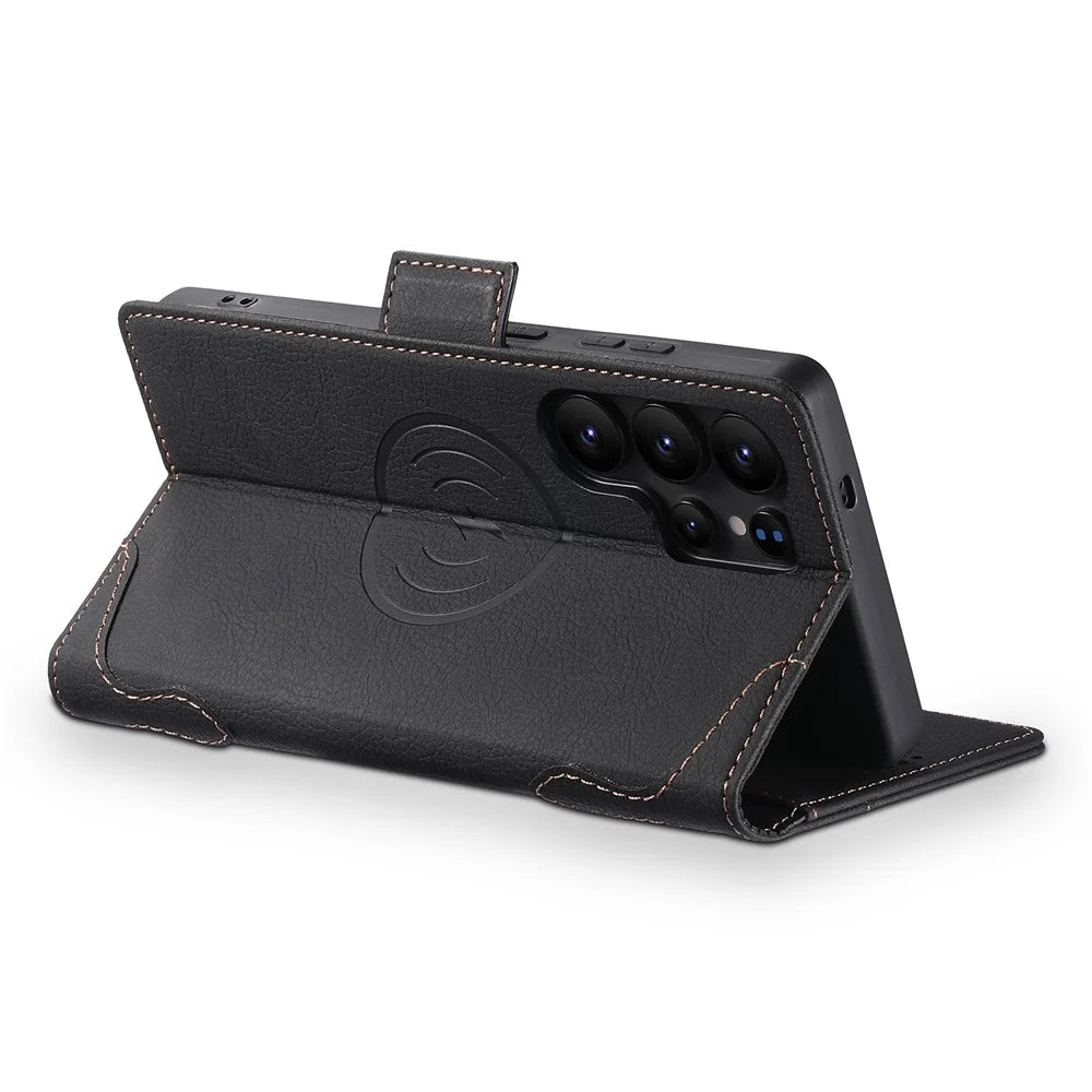 SUTENI J07 For Samsung Galaxy S24 Ultra Magnetic Case Litchi Texture Leather Wallet Phone Cover - Black - 3