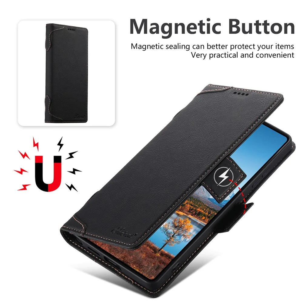 SUTENI J07 For Samsung Galaxy S24 Ultra Magnetic Case Litchi Texture Leather Wallet Phone Cover - Black - 4