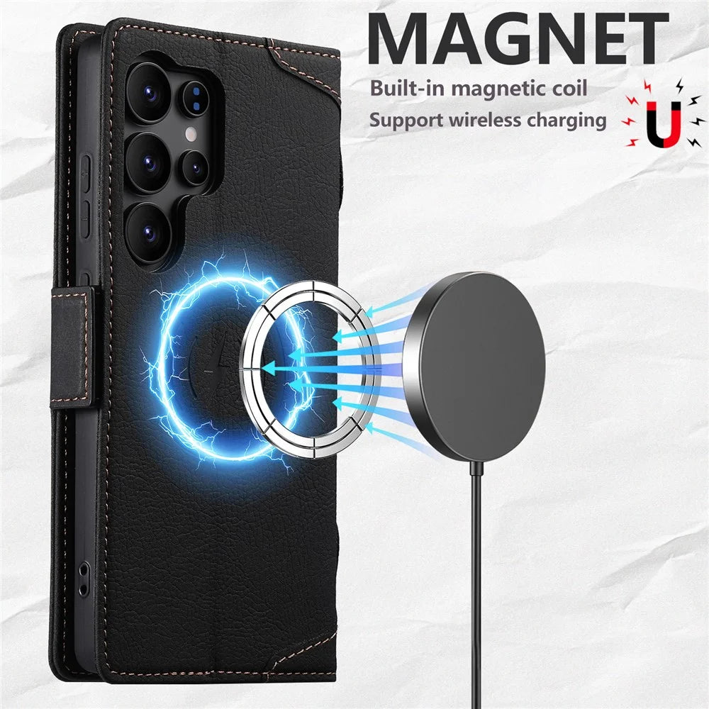 SUTENI J07 For Samsung Galaxy S24 Ultra Magnetic Case Litchi Texture Leather Wallet Phone Cover - Black - 5