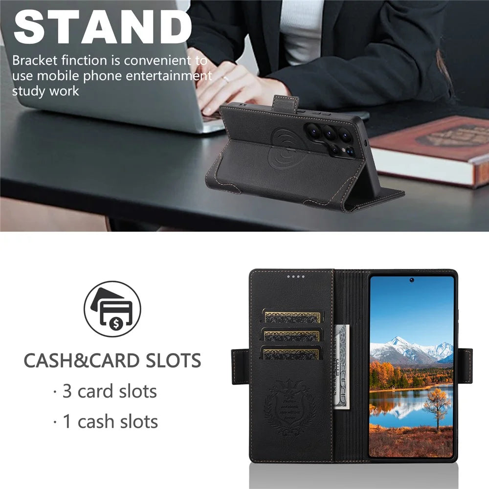 SUTENI J07 For Samsung Galaxy S24 Ultra Magnetic Case Litchi Texture Leather Wallet Phone Cover - Black - 6