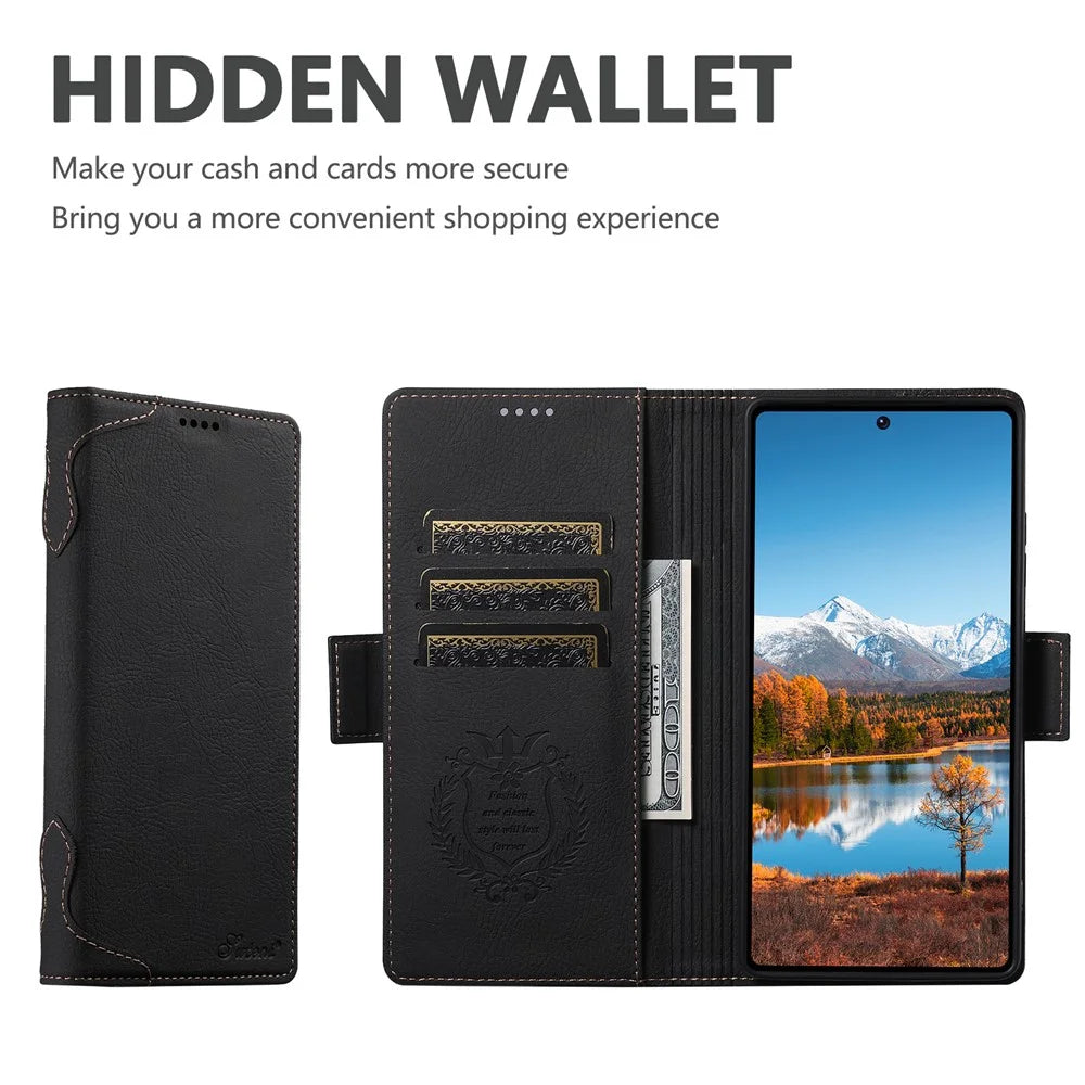 SUTENI J07 For Samsung Galaxy S24 Ultra Magnetic Case Litchi Texture Leather Wallet Phone Cover - Black - 7