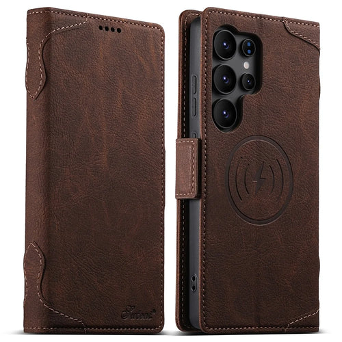 SUTENI J07 For Samsung Galaxy S25 Ultra Magnetic Case Litchi Texture Leather Wallet Phone Cover - Brown - 1