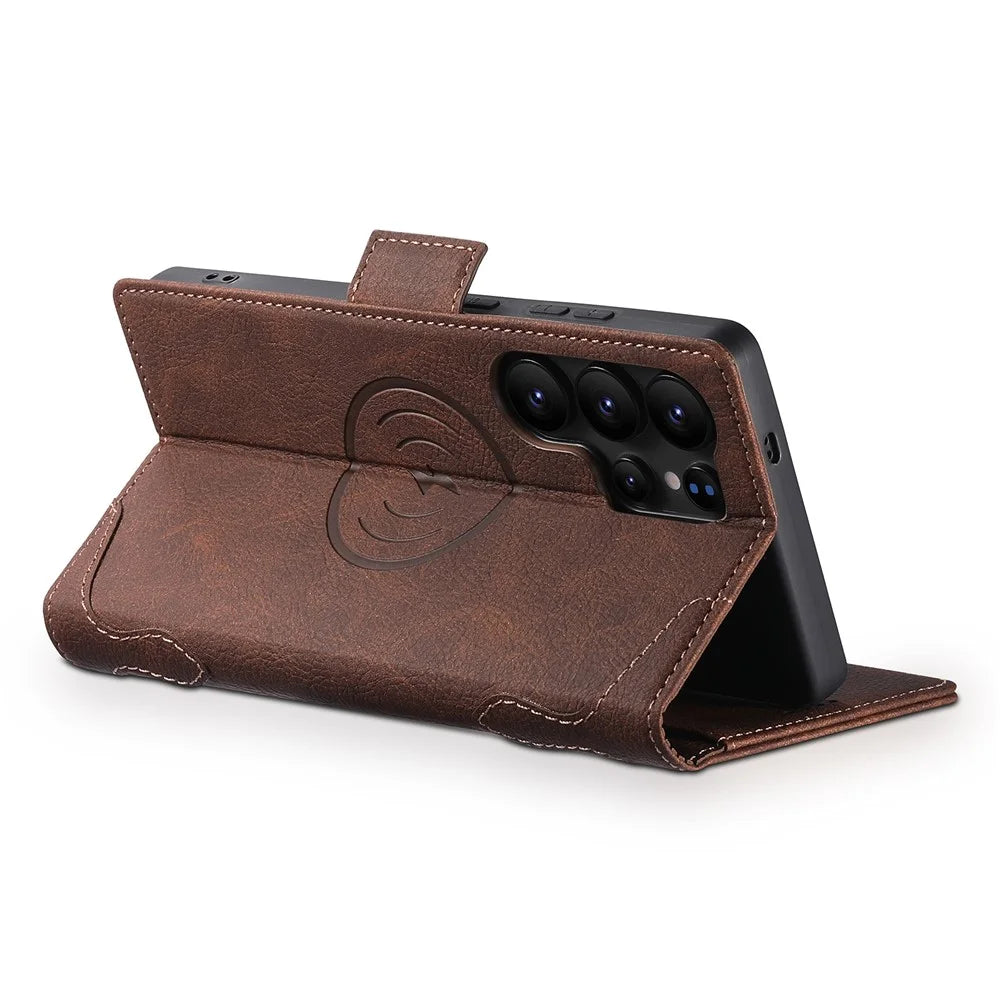 SUTENI J07 For Samsung Galaxy S25 Ultra Magnetic Case Litchi Texture Leather Wallet Phone Cover - Brown - 3