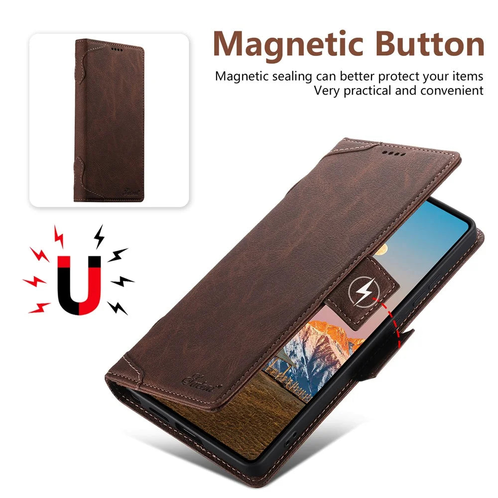 SUTENI J07 For Samsung Galaxy S25 Ultra Magnetic Case Litchi Texture Leather Wallet Phone Cover - Brown - 4