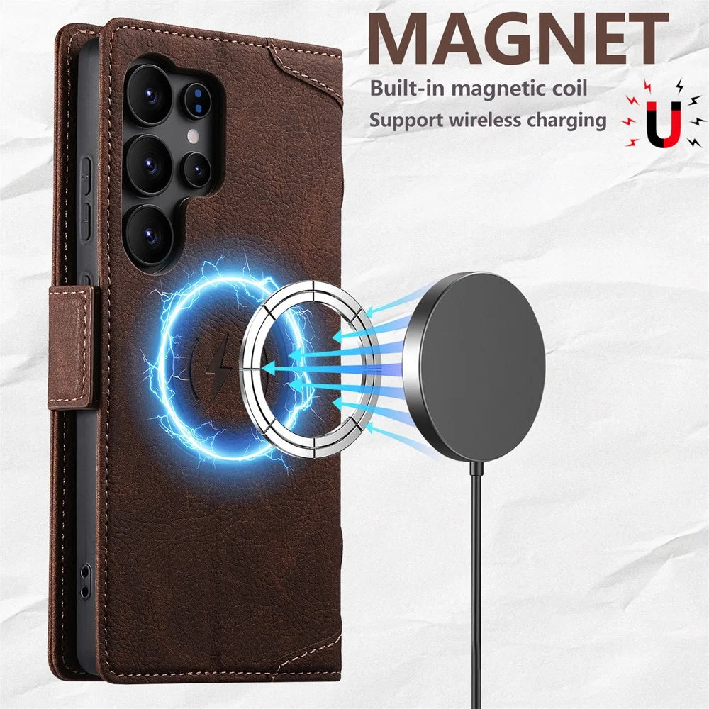 SUTENI J07 For Samsung Galaxy S25 Ultra Magnetic Case Litchi Texture Leather Wallet Phone Cover - Brown - 5
