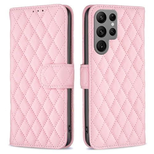 BINFEN COLOR BF Style-14 Anti-drop Phone Cover for Samsung Galaxy S23 Ultra, PU Leather Stand Imprinted Rhombus Pattern Phone Flip Wallet Case - Pink - 1