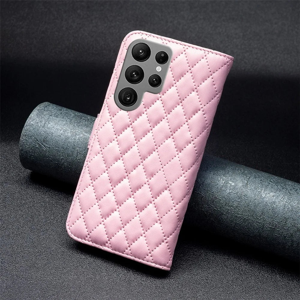 BINFEN COLOR BF Style-14 Anti-drop Phone Cover for Samsung Galaxy S23 Ultra, PU Leather Stand Imprinted Rhombus Pattern Phone Flip Wallet Case - Pink - 5