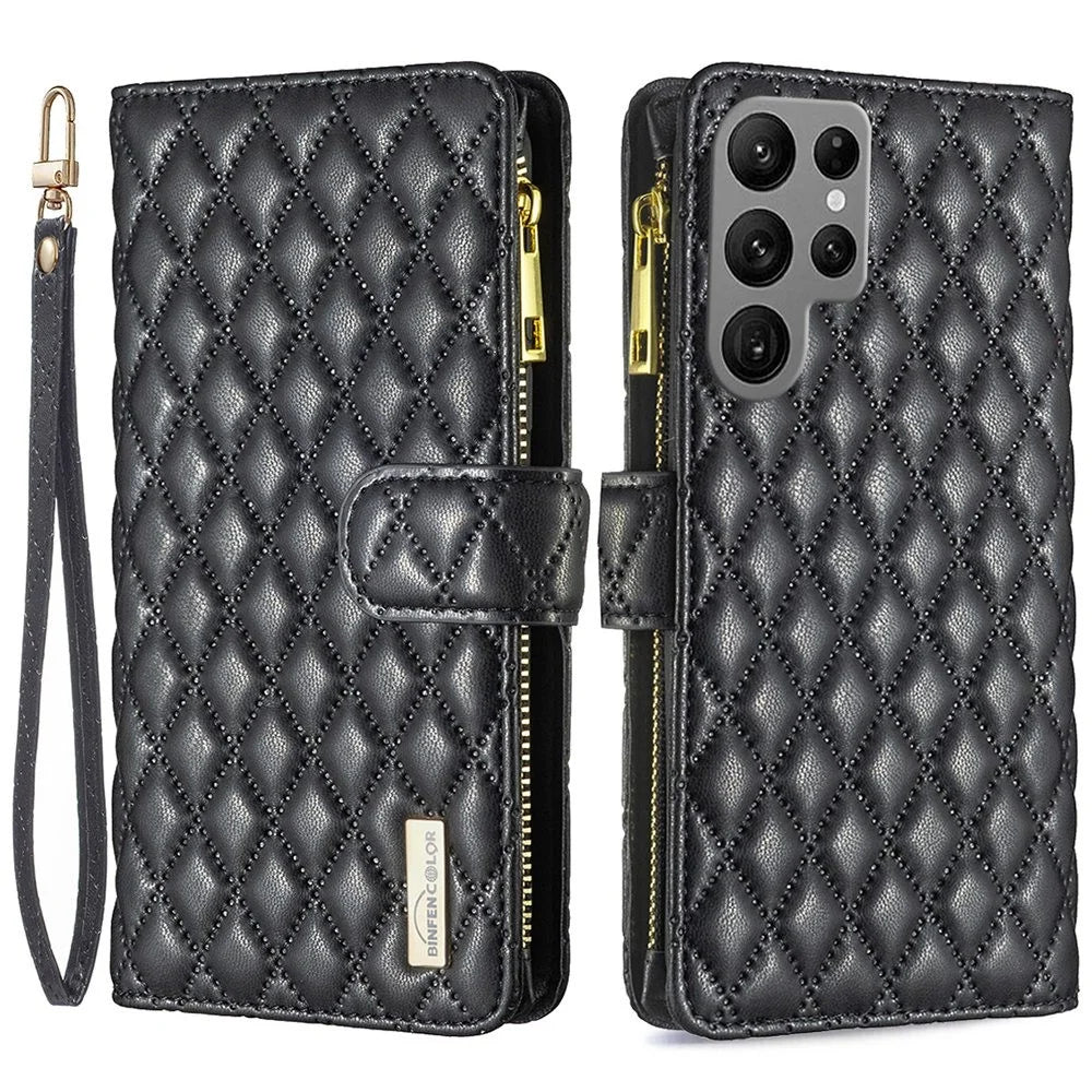 BINFEN COLOR BF Style-15 for Samsung Galaxy S23 Ultra Shockproof Phone Case Stand Imprinted Rhombus Pattern Zipper Pocket Flip Leather Wallet Cover - Black - 1