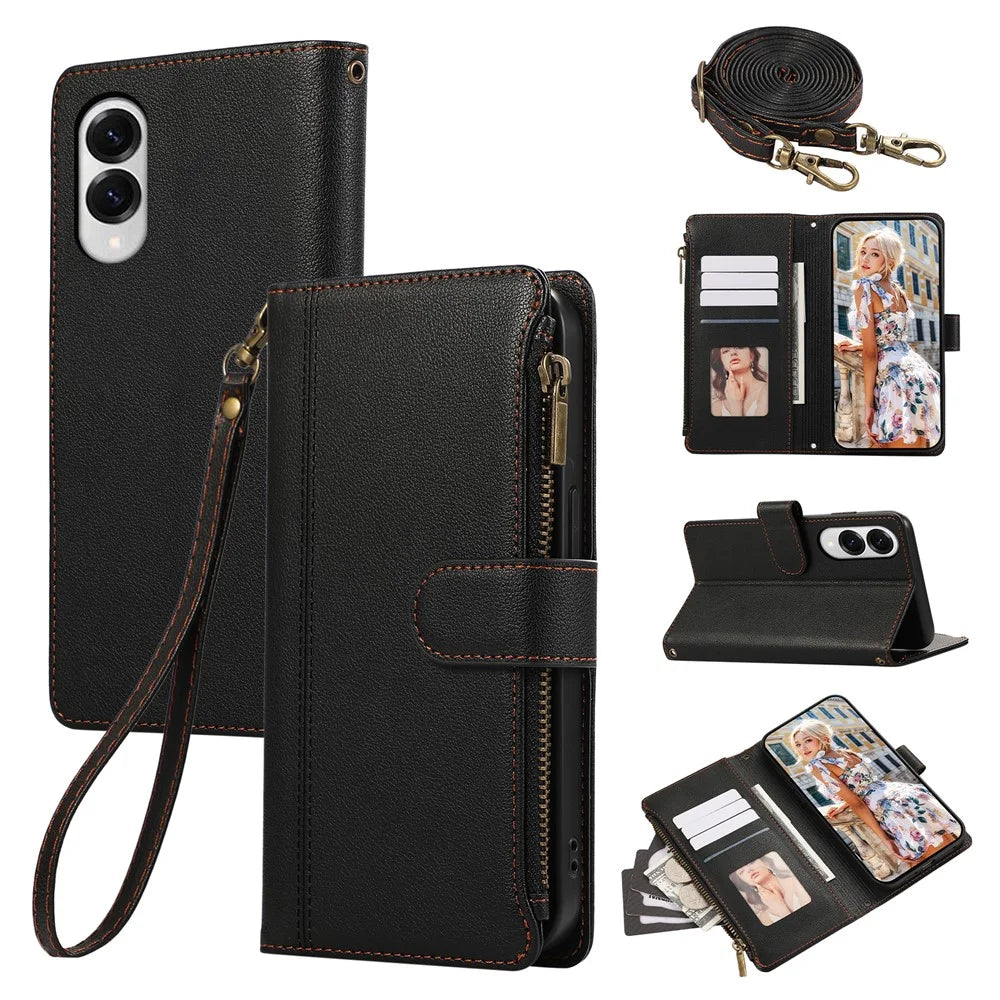 For Samsung Galaxy S25 Edge Case Multi Card Slots Zipper Leather Phone Cover with Shoulder Strap / Wrist Strap - Black - 1