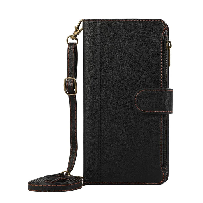 For Samsung Galaxy S25 Edge Case Multi Card Slots Zipper Leather Phone Cover with Shoulder Strap / Wrist Strap - Black - 6