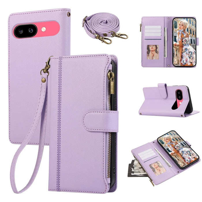 For Google Pixel 9a Case Multi Card Slots Zipper Leather Phone Cover with Shoulder Strap / Wrist Strap - Purple - 1