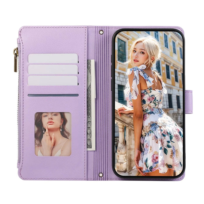 For Google Pixel 9a Case Multi Card Slots Zipper Leather Phone Cover with Shoulder Strap / Wrist Strap - Purple - 2