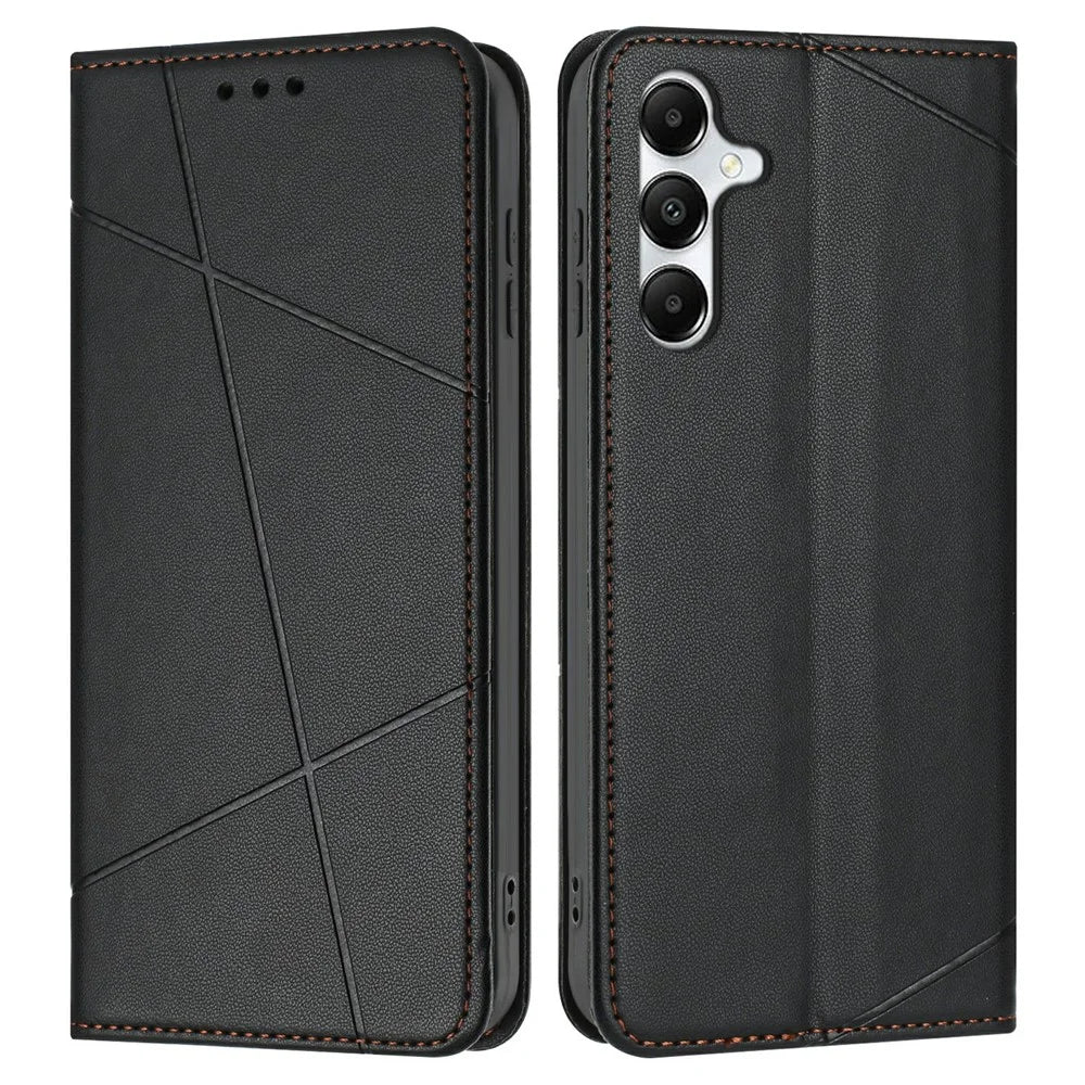 For Samsung Galaxy A56 5G Wallet Case Line Imprinted Leather Stand Phone Cover with Wrist Strap - Black - 1