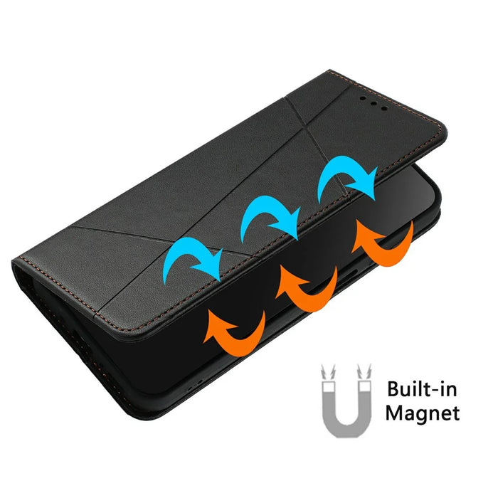 For Samsung Galaxy A56 5G Wallet Case Line Imprinted Leather Stand Phone Cover with Wrist Strap - Black - 5