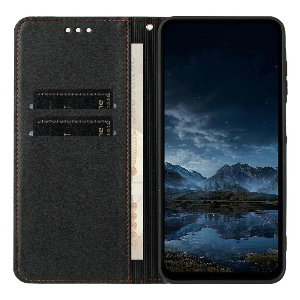 For Samsung Galaxy A36 5G Wallet Case Line Imprinted Leather Stand Phone Cover with Wrist Strap - Black - 2