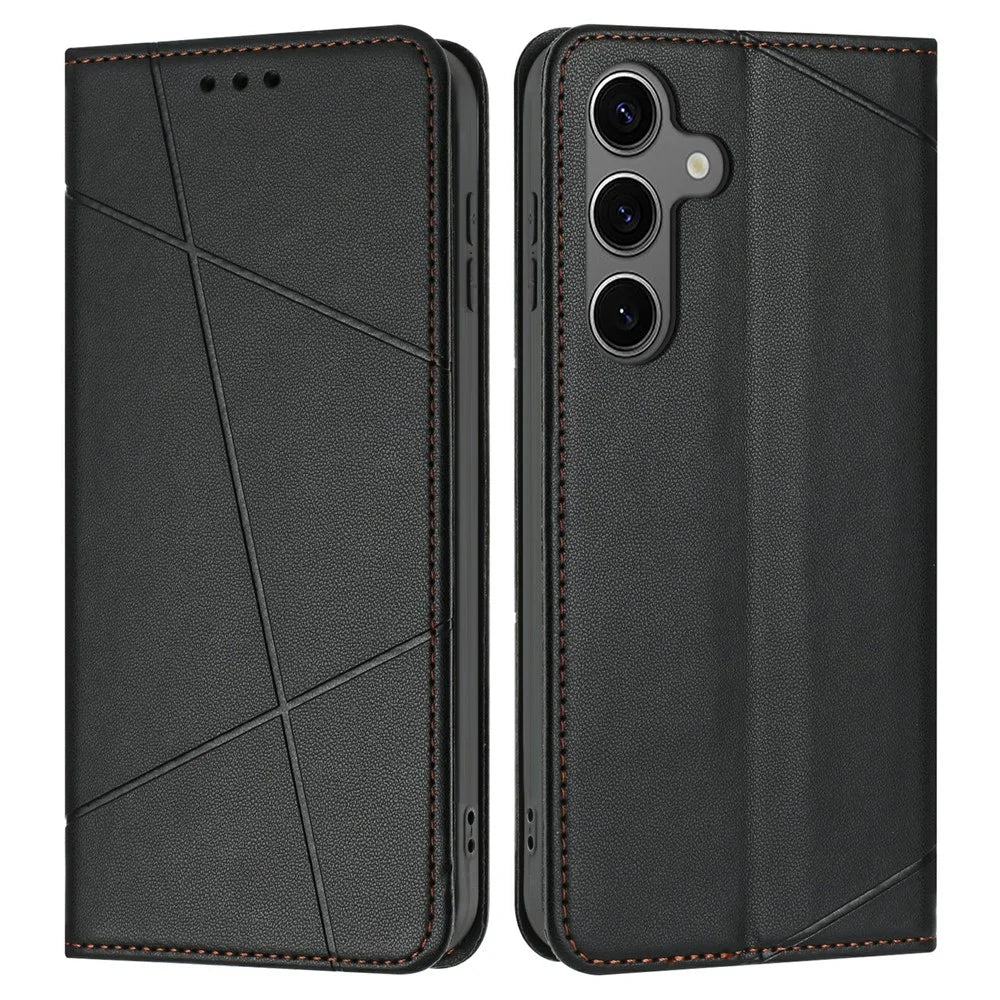 For Samsung Galaxy S25+ / S24+ Wallet Case Line Imprinted Leather Stand Phone Cover with Wrist Strap - Black - 1