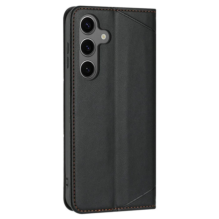 For Samsung Galaxy S25+ / S24+ Wallet Case Line Imprinted Leather Stand Phone Cover with Wrist Strap - Black - 7