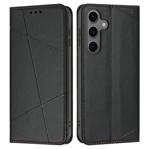 For Samsung Galaxy S25  /  S24 Wallet Case Line Imprinted Leather Stand Phone Cover with Wrist Strap - Black - 1