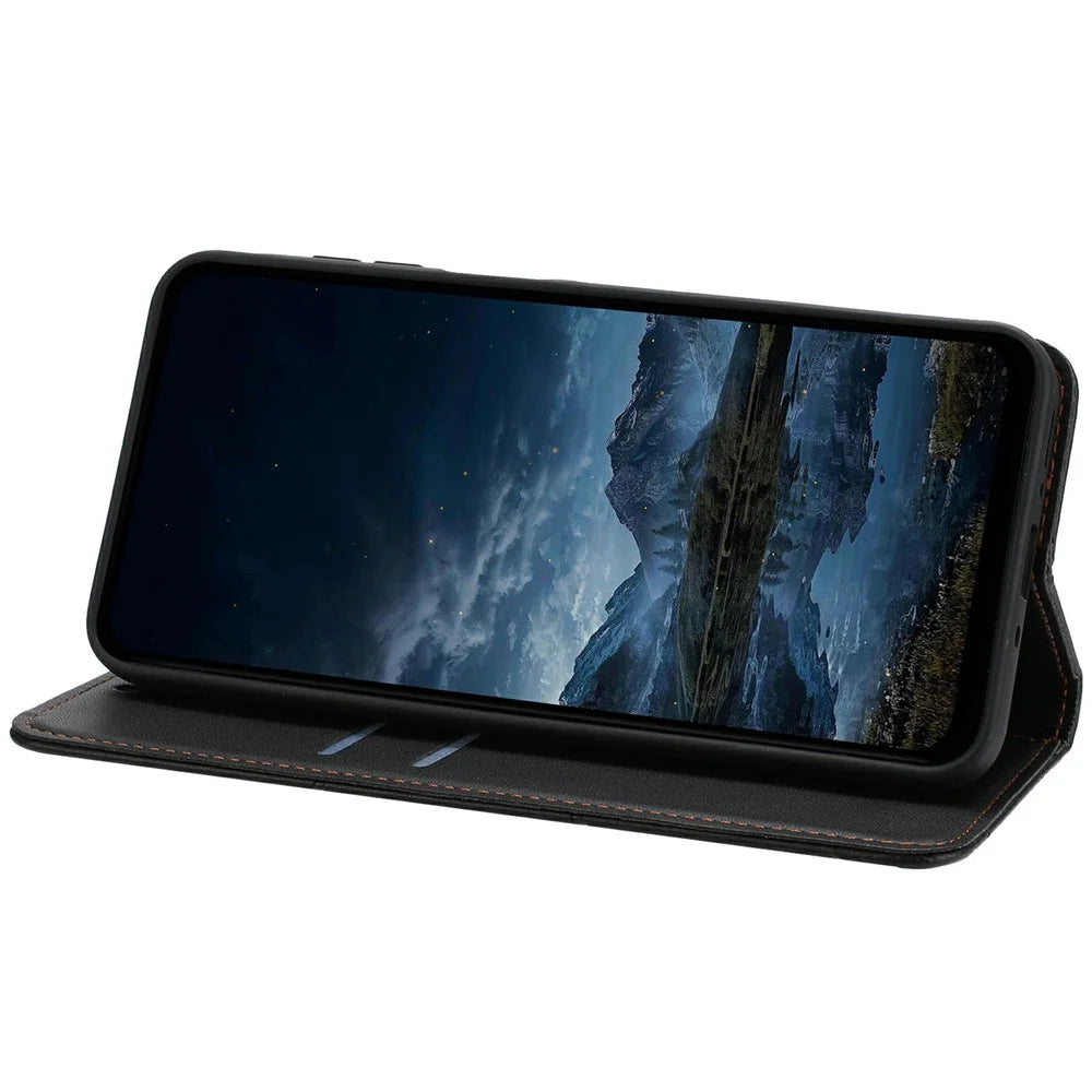 For Samsung Galaxy S25  /  S24 Wallet Case Line Imprinted Leather Stand Phone Cover with Wrist Strap - Black - 3