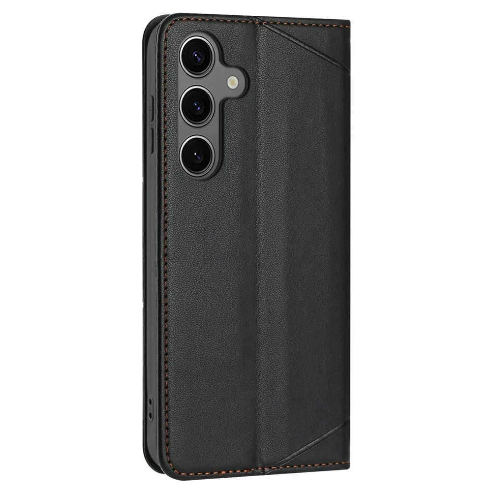 For Samsung Galaxy S25  /  S24 Wallet Case Line Imprinted Leather Stand Phone Cover with Wrist Strap - Black - 7