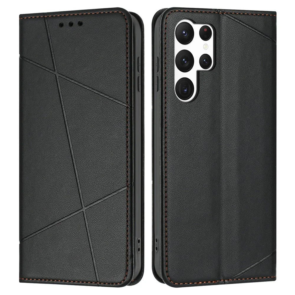For Samsung Galaxy S25 Ultra Wallet Case Line Imprinted Leather Stand Phone Cover with Wrist Strap - Black - 1