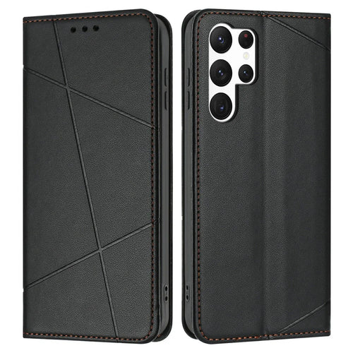 For Samsung Galaxy S25 Ultra Wallet Case Line Imprinted Leather Stand Phone Cover with Wrist Strap - Black - 1