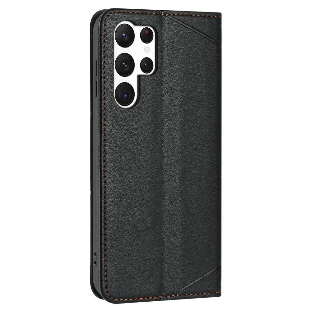 For Samsung Galaxy S25 Ultra Wallet Case Line Imprinted Leather Stand Phone Cover with Wrist Strap - Black - 7