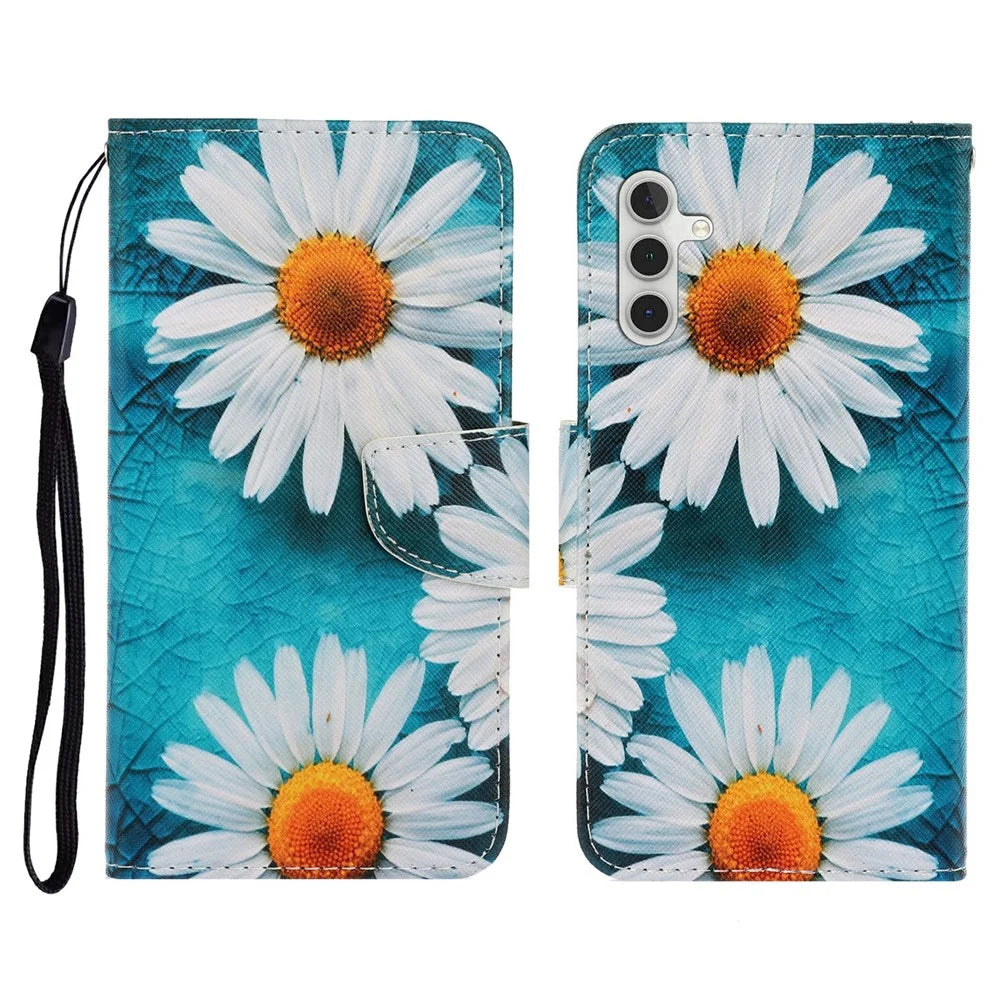 For Samsung Galaxy A56 5G Case Pattern Printing Protective Leather Folio Phone Cover with Wrist Strap - Chrysanthemum - 1