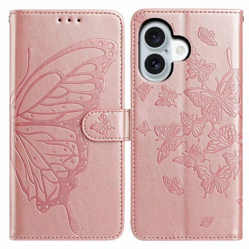 For iPhone 17 Case Butterfly Imprinted Wallet Stand PU Leather Flip Phone Cover with Strap - Rose Gold - 1