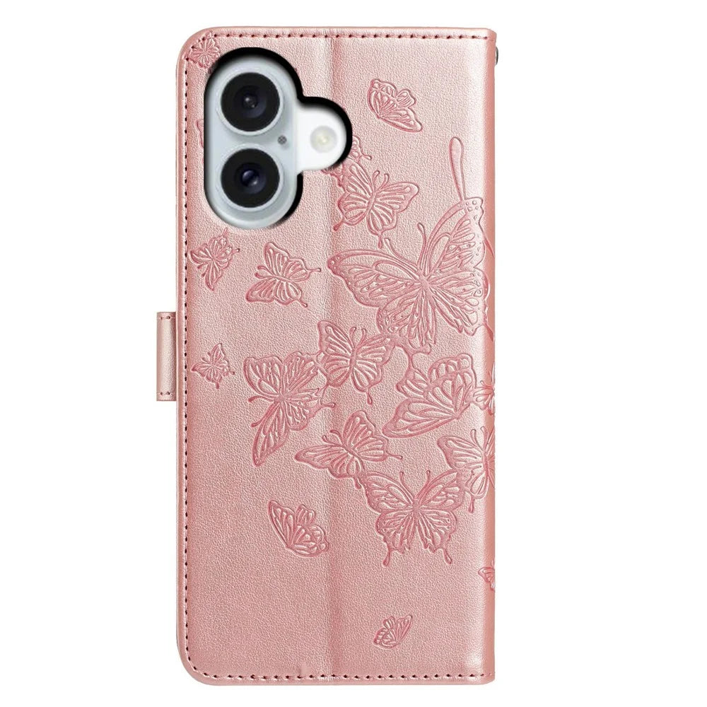 For iPhone 17 Case Butterfly Imprinted Wallet Stand PU Leather Flip Phone Cover with Strap - Rose Gold - 5