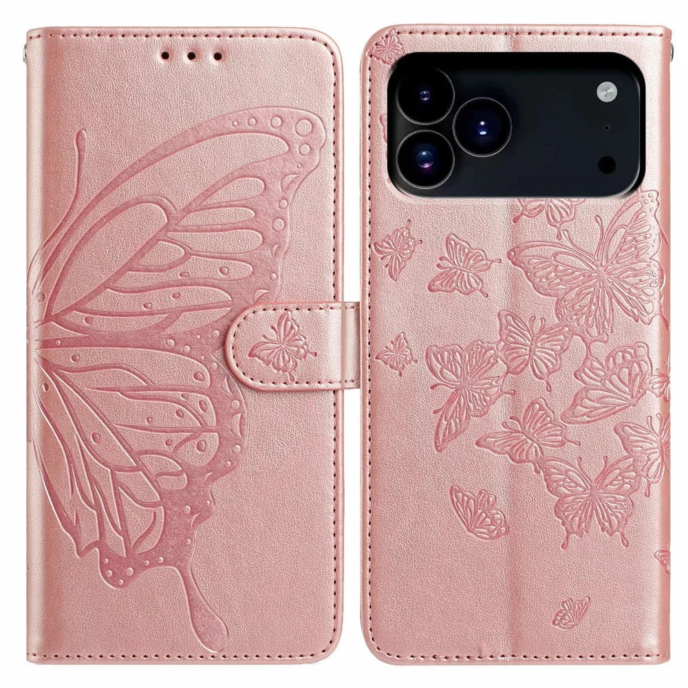 For iPhone 18 Pro Max / 17 Pro Max Case Butterfly Imprinted Wallet Stand PU Leather Flip Phone Cover with Strap - Rose Gold - 1