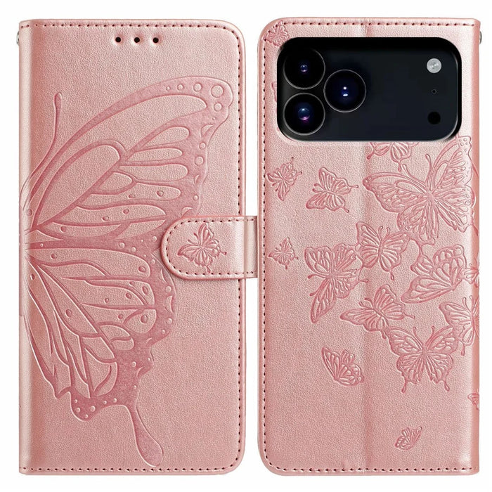 For iPhone 18 Pro Max / 17 Pro Max Case Butterfly Imprinted Wallet Stand PU Leather Flip Phone Cover with Strap - Rose Gold - 1