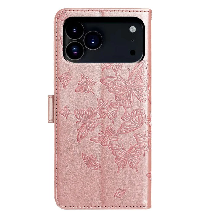 For iPhone 18 Pro Max / 17 Pro Max Case Butterfly Imprinted Wallet Stand PU Leather Flip Phone Cover with Strap - Rose Gold - 5