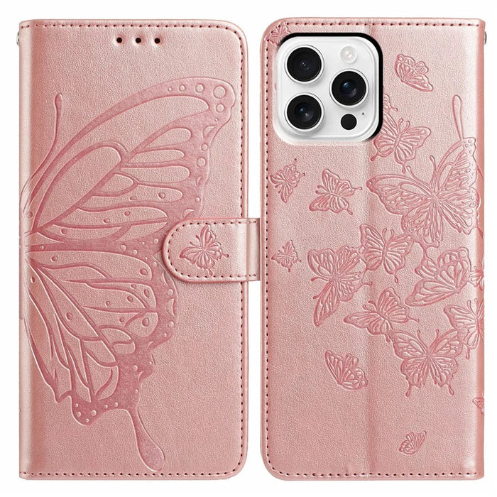 For iPhone 16 Pro Case Butterfly Imprinted Wallet Stand PU Leather Flip Phone Cover with Strap - Rose Gold - 1