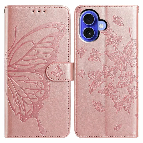 For iPhone 16 Case Butterfly Imprinted Wallet Stand PU Leather Flip Phone Cover with Strap - Rose Gold - 1