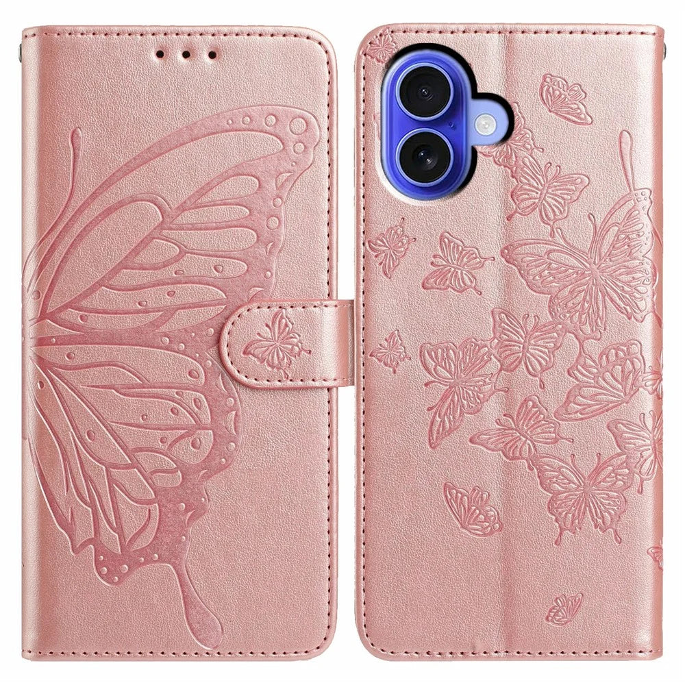 For iPhone 16 Case Butterfly Imprinted Wallet Stand PU Leather Flip Phone Cover with Strap - Rose Gold - 1
