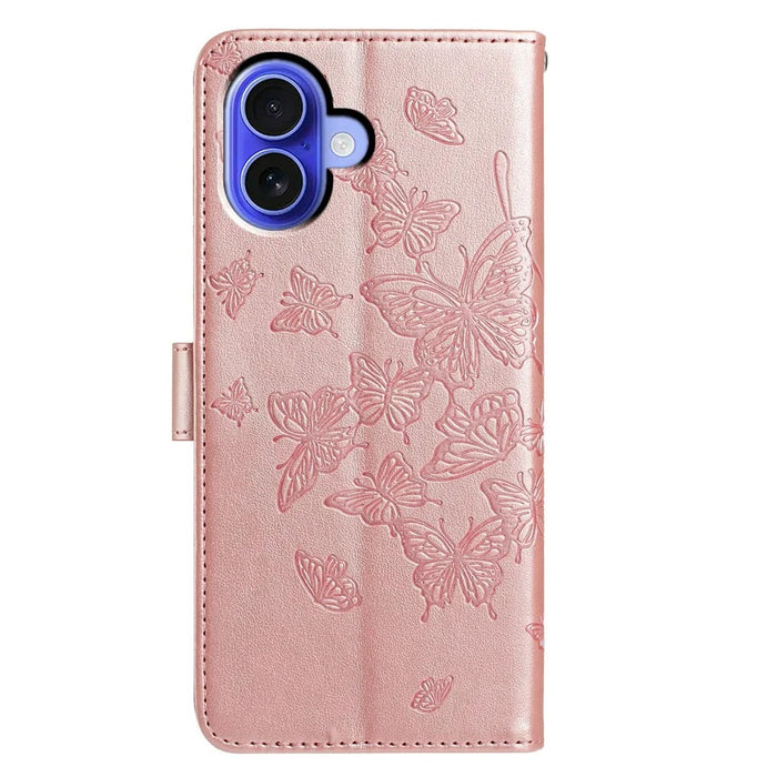 For iPhone 16 Case Butterfly Imprinted Wallet Stand PU Leather Flip Phone Cover with Strap - Rose Gold - 5