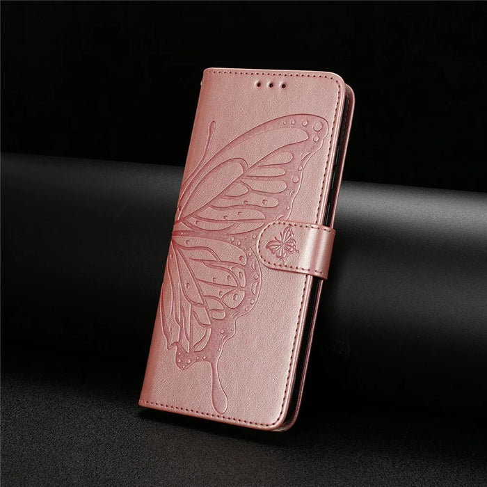 For iPhone 16 Case Butterfly Imprinted Wallet Stand PU Leather Flip Phone Cover with Strap - Rose Gold - 6