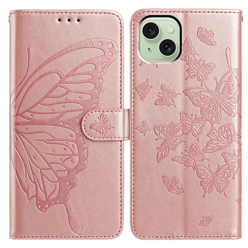For iPhone 15 Case Butterfly Imprinted Wallet Stand PU Leather Flip Phone Cover with Strap - Rose Gold - 1